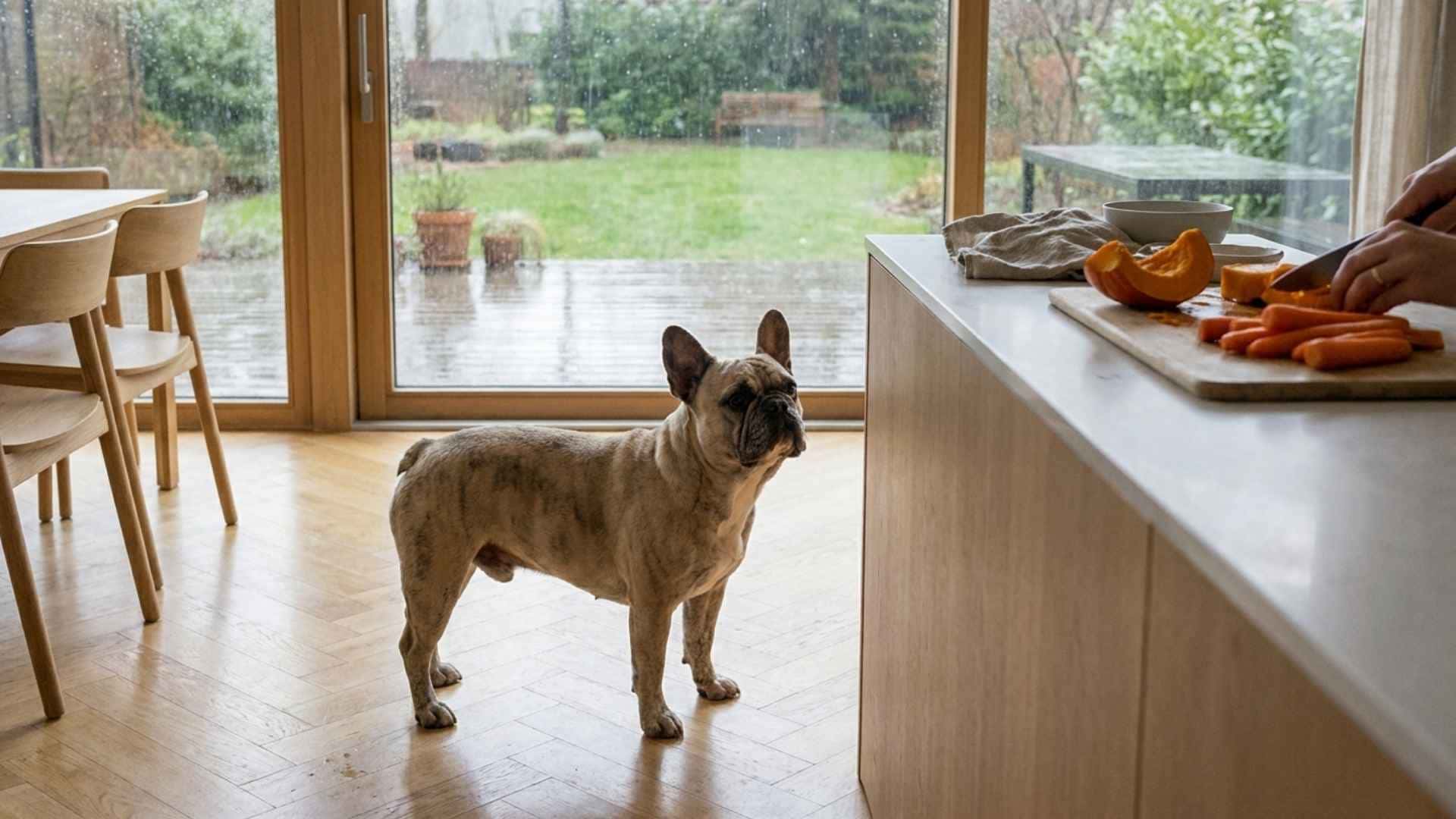 Perro mirando la encimera de la cocina